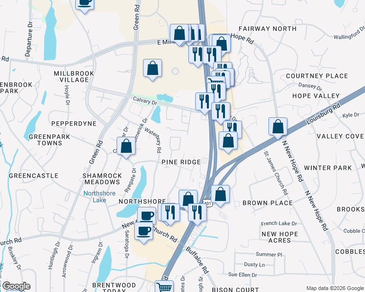 map of restaurants, bars, coffee shops, grocery stores, and more near 4426 Lake Ridge Drive in Raleigh