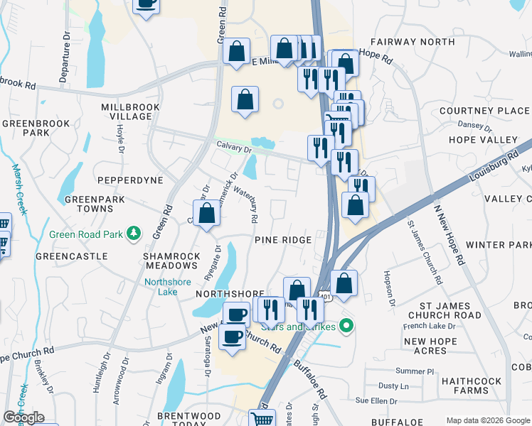 map of restaurants, bars, coffee shops, grocery stores, and more near 4437 Roller Court in Raleigh