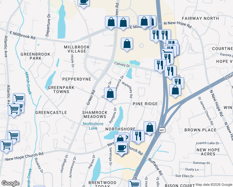 map of restaurants, bars, coffee shops, grocery stores, and more near 4608 Limerick Drive in Raleigh