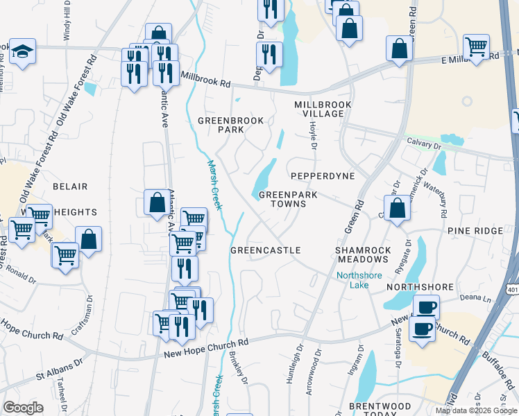map of restaurants, bars, coffee shops, grocery stores, and more near 4826 Parkville Drive in Raleigh