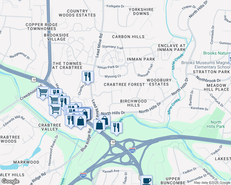 map of restaurants, bars, coffee shops, grocery stores, and more near 2001 Russell Drive in Raleigh