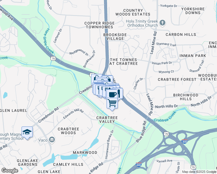 map of restaurants, bars, coffee shops, grocery stores, and more near 4500 Marriott Drive in Raleigh