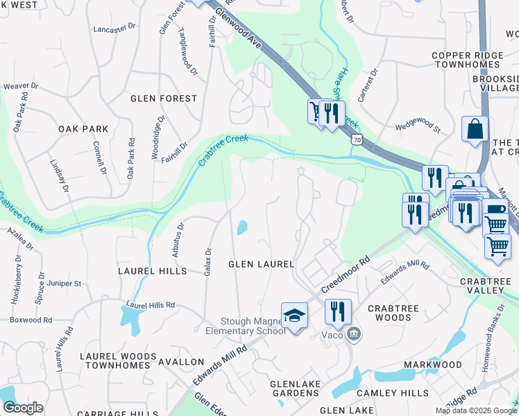 map of restaurants, bars, coffee shops, grocery stores, and more near 4308 Galax Drive in Raleigh