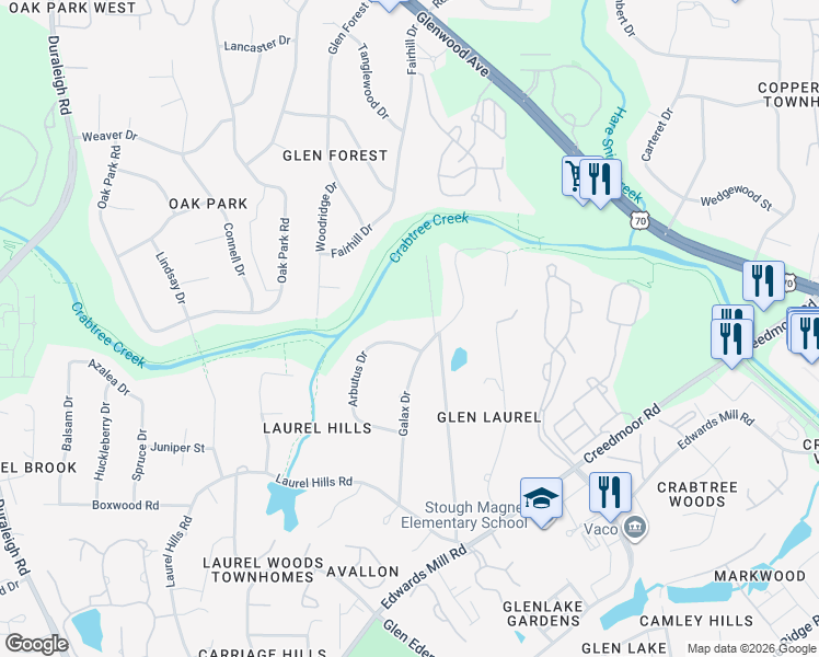 map of restaurants, bars, coffee shops, grocery stores, and more near 4235 Arbutus Drive in Raleigh