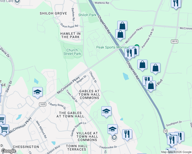 map of restaurants, bars, coffee shops, grocery stores, and more near 844 Church Street in Morrisville