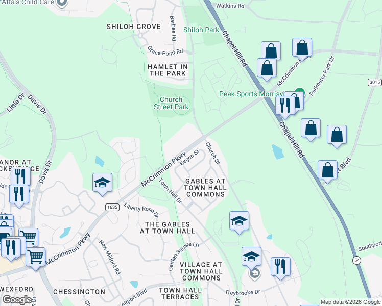 map of restaurants, bars, coffee shops, grocery stores, and more near 5804 McCrimmon Parkway in Morrisville