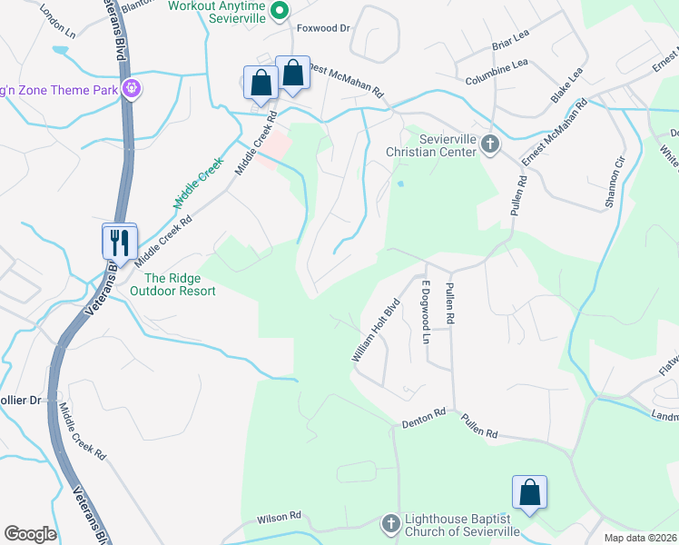 map of restaurants, bars, coffee shops, grocery stores, and more near 1122 Savannah Lane in Sevierville