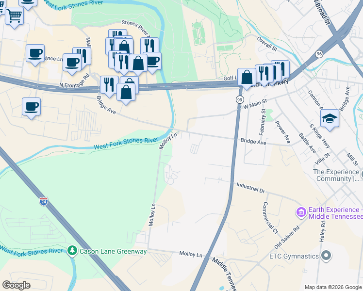 map of restaurants, bars, coffee shops, grocery stores, and more near 839 Bridge Avenue in Murfreesboro