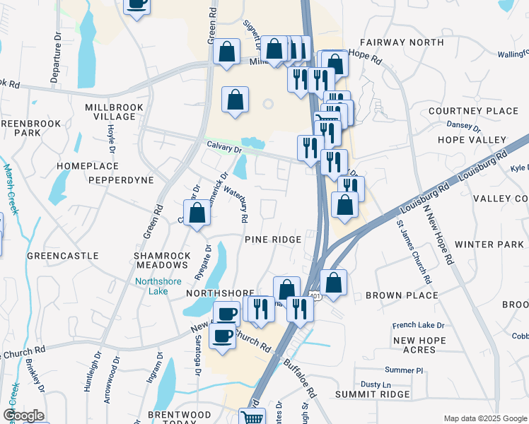 map of restaurants, bars, coffee shops, grocery stores, and more near 4463 Roller Court in Raleigh