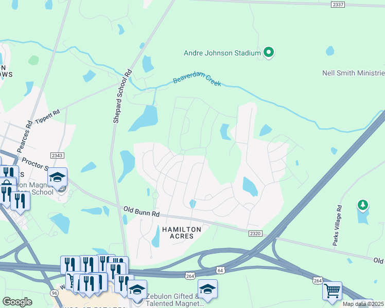map of restaurants, bars, coffee shops, grocery stores, and more near 1225 Old Bunn Road in Zebulon