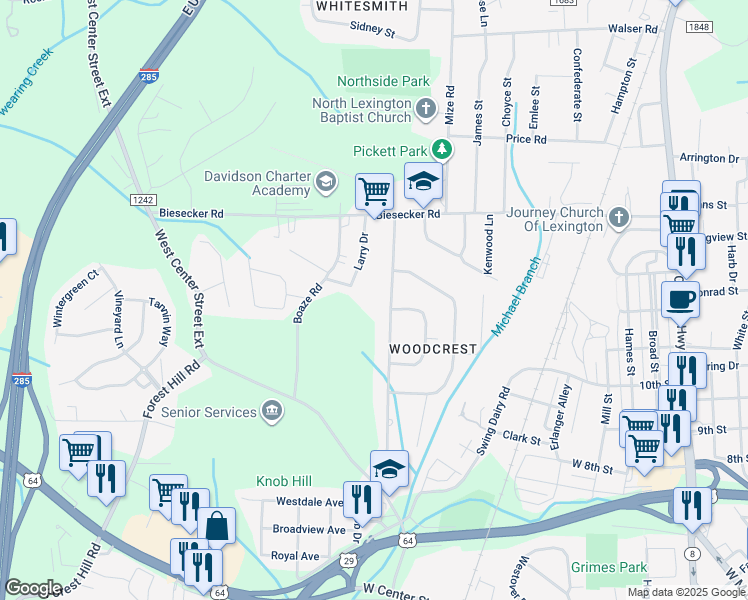 map of restaurants, bars, coffee shops, grocery stores, and more near Douglas Drive in Lexington