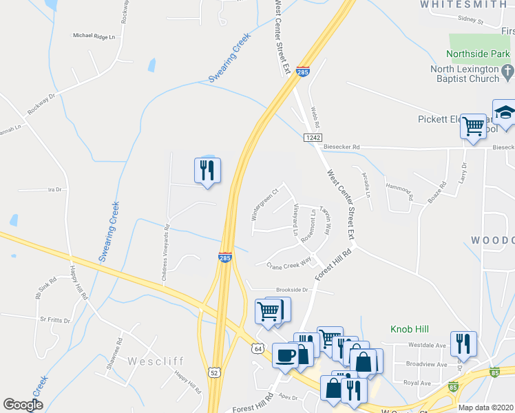 map of restaurants, bars, coffee shops, grocery stores, and more near 137 Wintergreen Court in Lexington