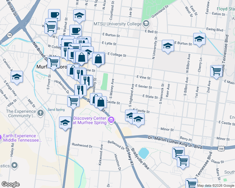 map of restaurants, bars, coffee shops, grocery stores, and more near 420 East State Street in Murfreesboro