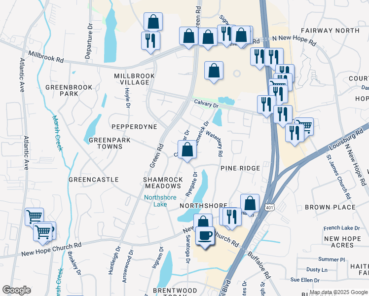 map of restaurants, bars, coffee shops, grocery stores, and more near 4516 Castlebar Dr in Raleigh