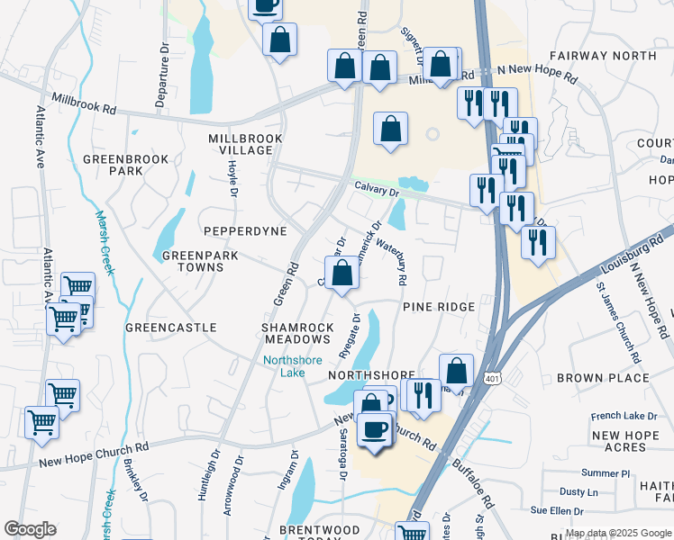 map of restaurants, bars, coffee shops, grocery stores, and more near 4516 Castlebar Dr in Raleigh