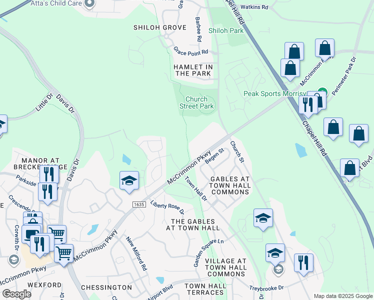 map of restaurants, bars, coffee shops, grocery stores, and more near 5802 McCrimmon Parkway in Morrisville