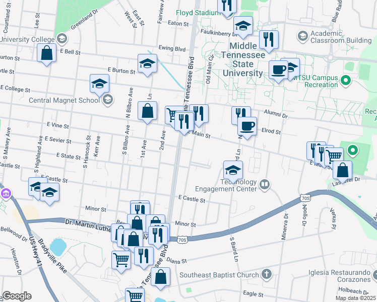 map of restaurants, bars, coffee shops, grocery stores, and more near 204 4th Avenue in Murfreesboro
