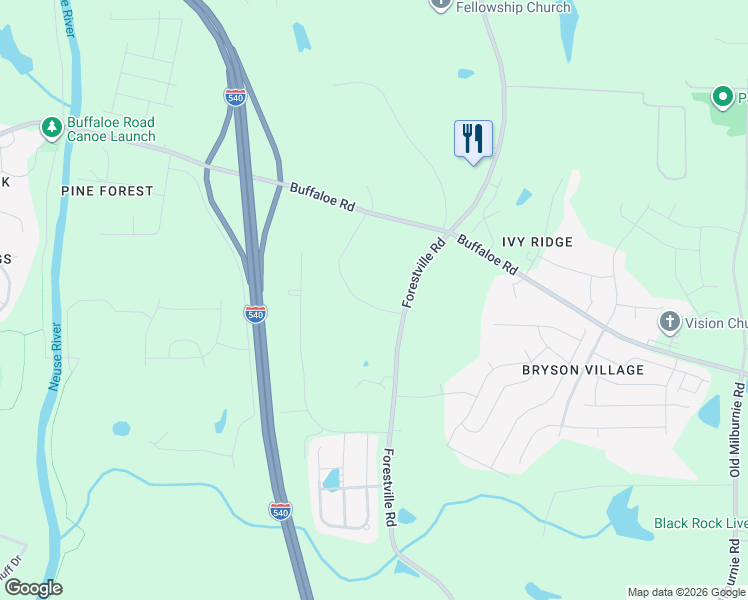 map of restaurants, bars, coffee shops, grocery stores, and more near 5100 Forestville Road in Raleigh