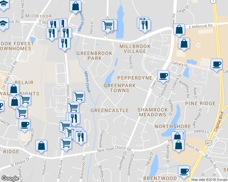 map of restaurants, bars, coffee shops, grocery stores, and more near 4826 Parkville Drive in Raleigh
