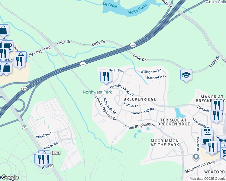 map of restaurants, bars, coffee shops, grocery stores, and more near 204 Chandler Chase Court in Morrisville