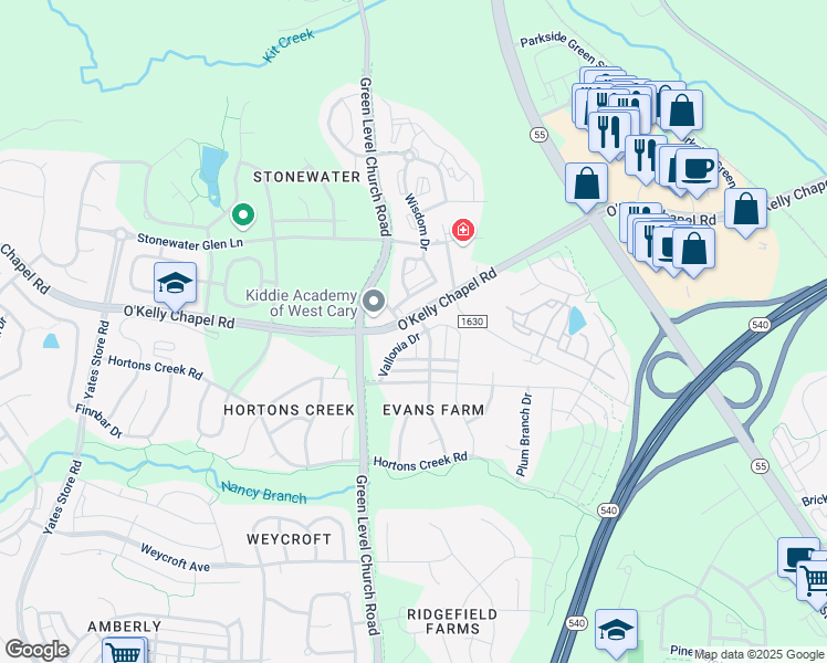 map of restaurants, bars, coffee shops, grocery stores, and more near 1902 Parable Way in Cary