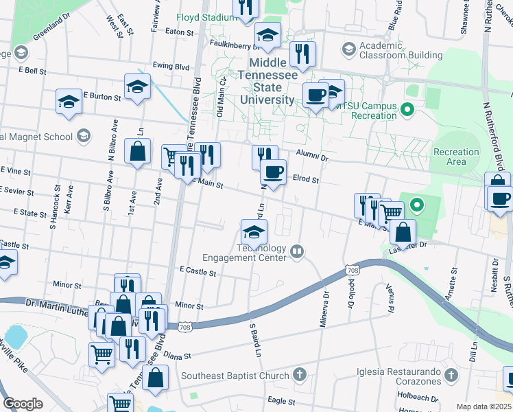 map of restaurants, bars, coffee shops, grocery stores, and more near 1509 East Main Street in Murfreesboro