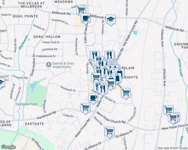 map of restaurants, bars, coffee shops, grocery stores, and more near 4505 Falls of Neuse Rd in Raleigh