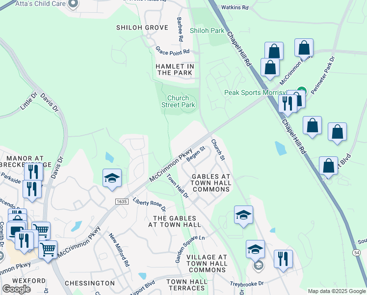 map of restaurants, bars, coffee shops, grocery stores, and more near 5840 McCrimmon Parkway in Morrisville
