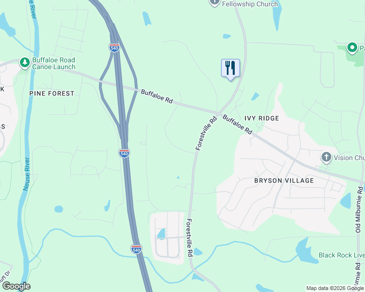 map of restaurants, bars, coffee shops, grocery stores, and more near 5100 Forestville Road in Raleigh