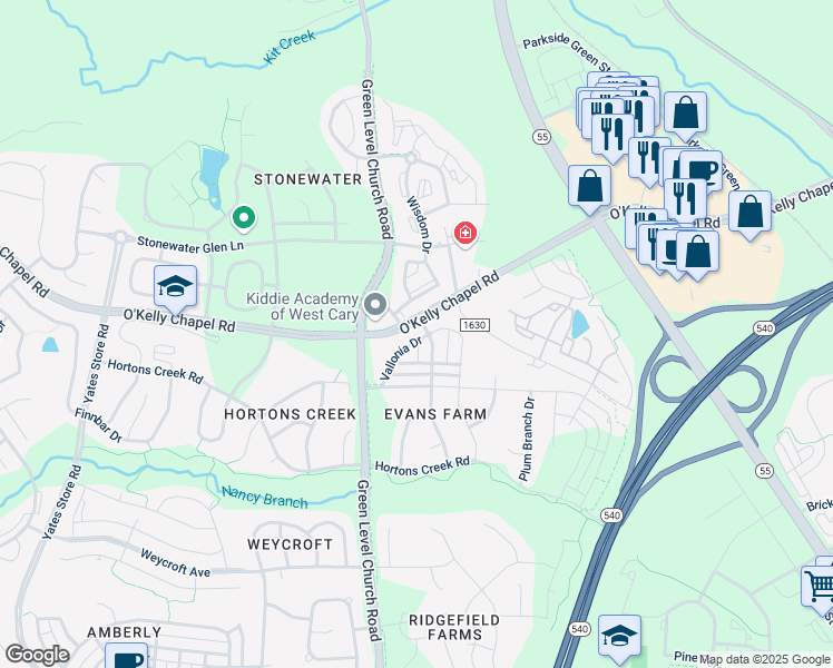 map of restaurants, bars, coffee shops, grocery stores, and more near 1902 Parable Way in Cary