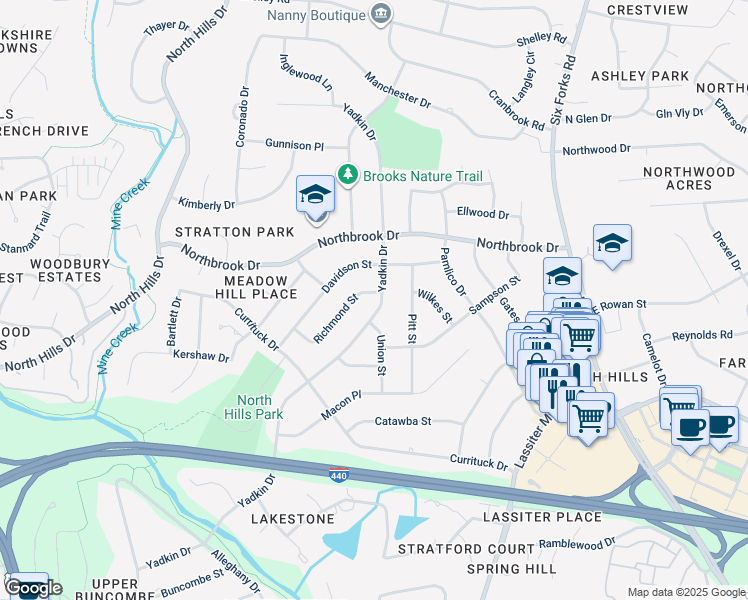 map of restaurants, bars, coffee shops, grocery stores, and more near 4409 Yadkin Drive in Raleigh