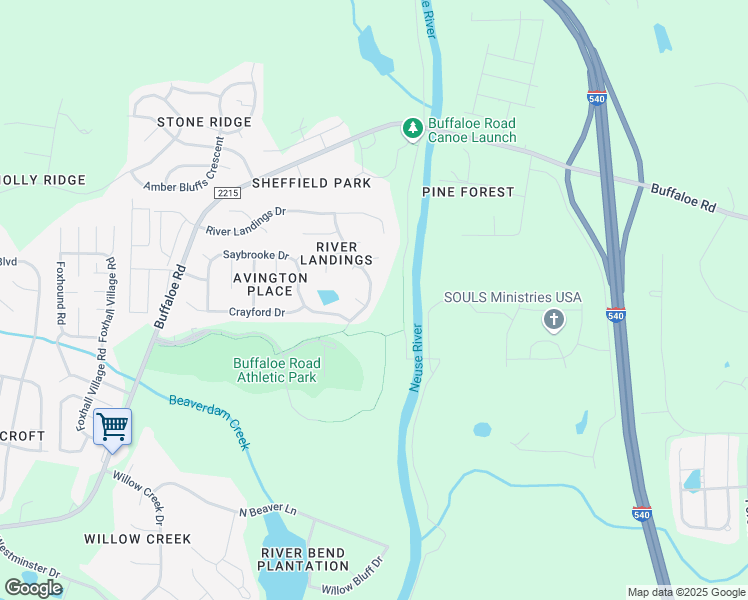 map of restaurants, bars, coffee shops, grocery stores, and more near 4424 River Edge Drive in Raleigh