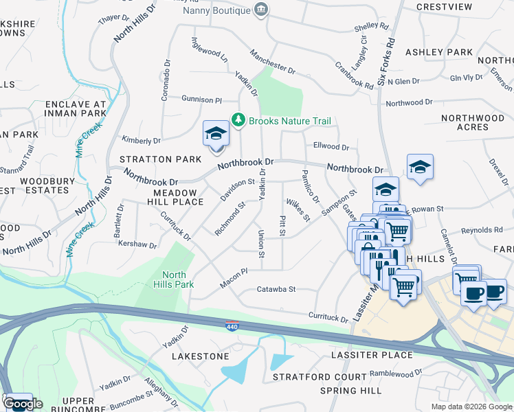 map of restaurants, bars, coffee shops, grocery stores, and more near 4409 Yadkin Drive in Raleigh