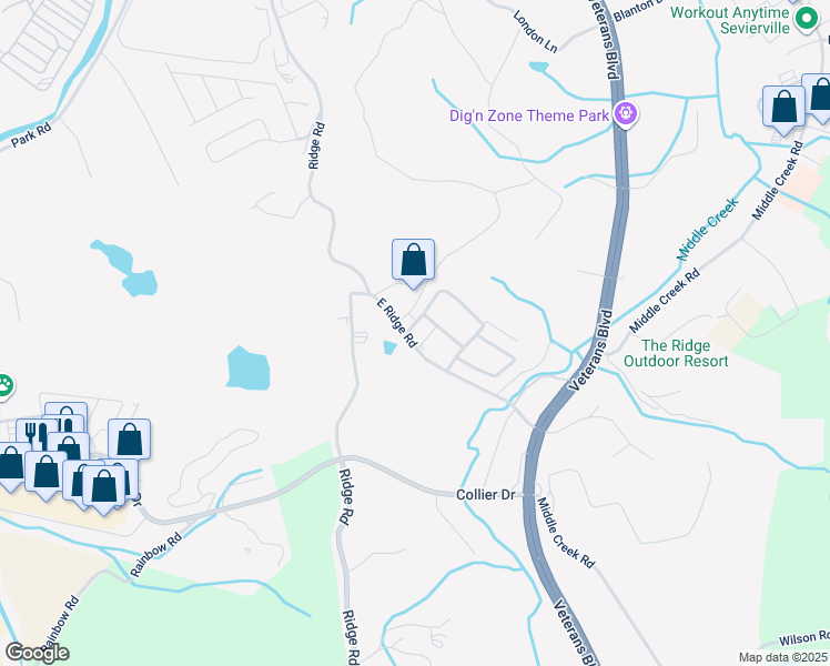 map of restaurants, bars, coffee shops, grocery stores, and more near 1229 East Ridge Road in Sevierville