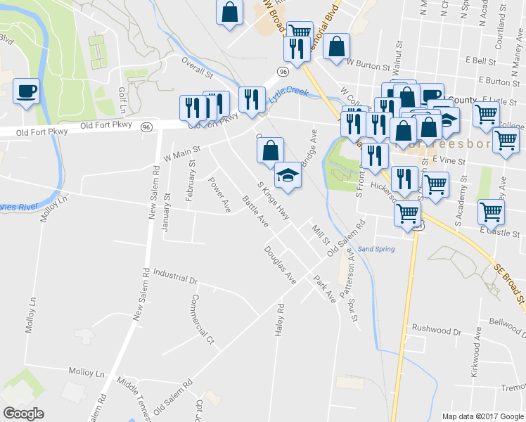 map of restaurants, bars, coffee shops, grocery stores, and more near 315 Battle Avenue in Murfreesboro