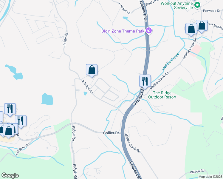 map of restaurants, bars, coffee shops, grocery stores, and more near 1217 Roberts Road in Sevierville