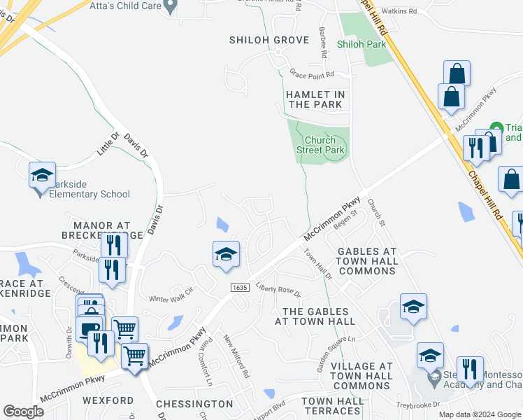 map of restaurants, bars, coffee shops, grocery stores, and more near 1109 Midvale Avenue in Morrisville