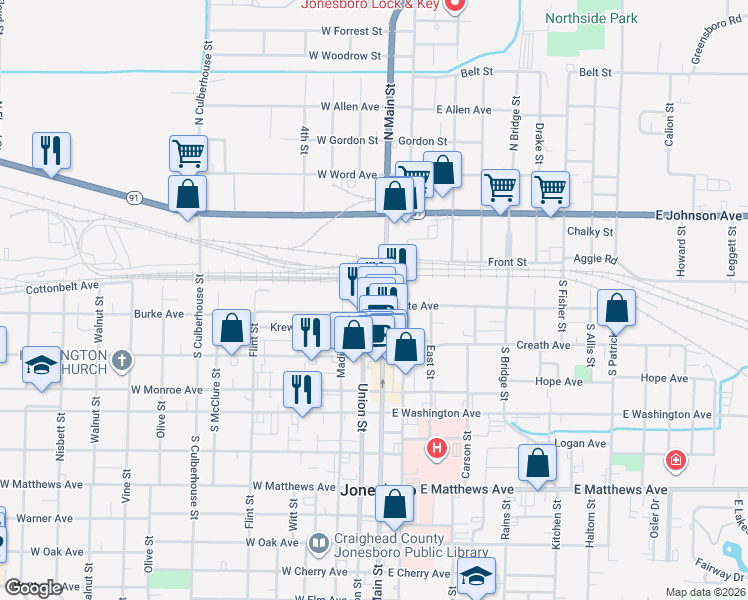 map of restaurants, bars, coffee shops, grocery stores, and more near 123 South Main Street in Jonesboro