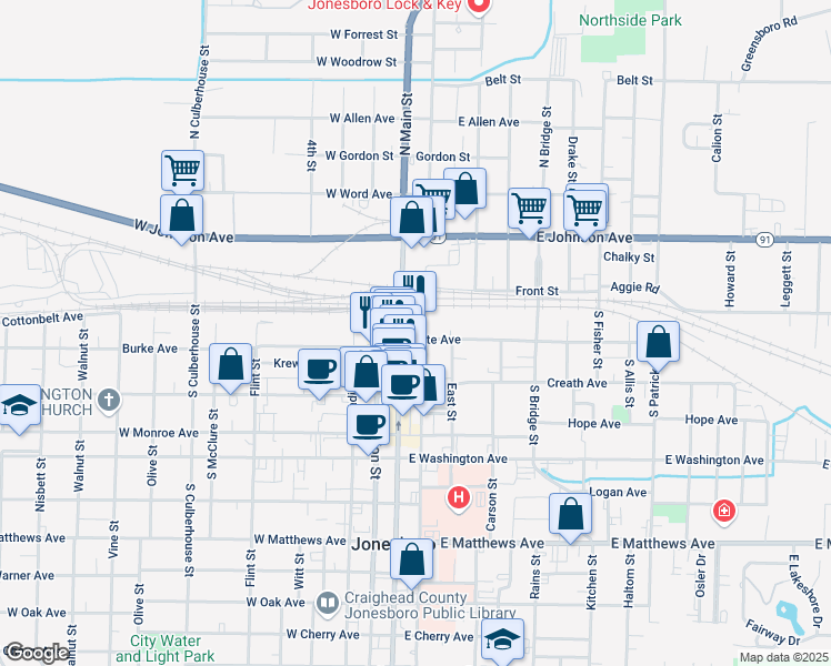 map of restaurants, bars, coffee shops, grocery stores, and more near 201 South Main Street in Jonesboro