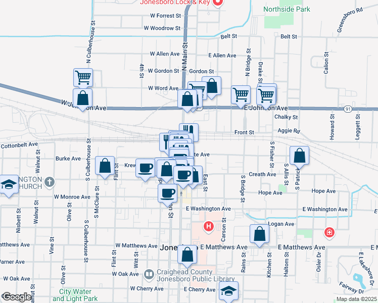 map of restaurants, bars, coffee shops, grocery stores, and more near 511 South Main Street in Jonesboro