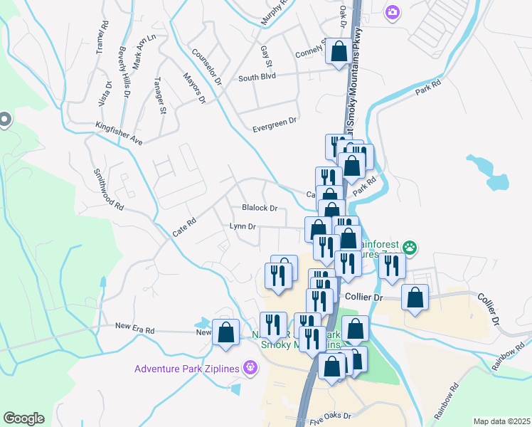 map of restaurants, bars, coffee shops, grocery stores, and more near 324 Blalock Drive in Sevierville