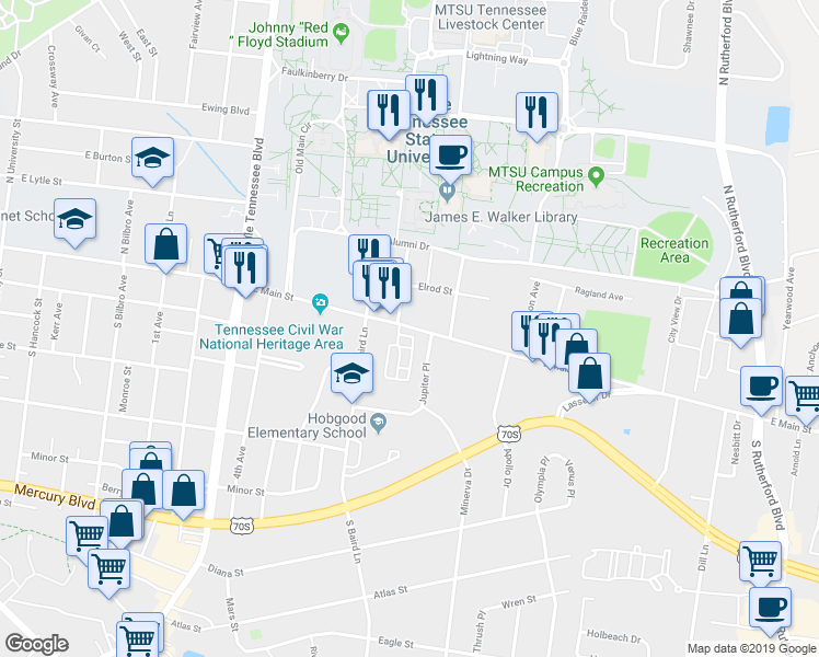 map of restaurants, bars, coffee shops, grocery stores, and more near 1601 East Main Street in Murfreesboro