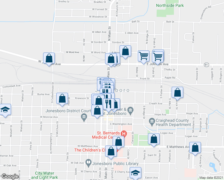 map of restaurants, bars, coffee shops, grocery stores, and more near 511 South Main Street in Jonesboro