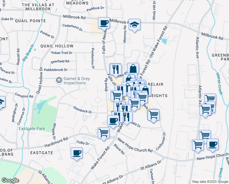 map of restaurants, bars, coffee shops, grocery stores, and more near 4505 Falls of Neuse Road in Raleigh