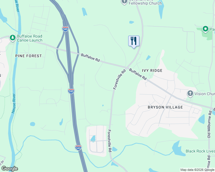 map of restaurants, bars, coffee shops, grocery stores, and more near 5128 Forestville Road in Raleigh
