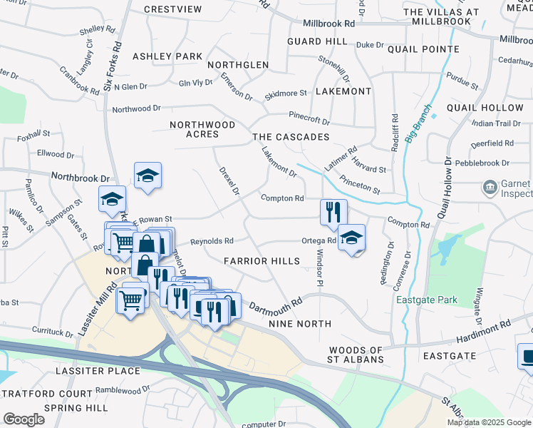 map of restaurants, bars, coffee shops, grocery stores, and more near 309 Latimer Road in Raleigh