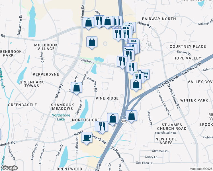 map of restaurants, bars, coffee shops, grocery stores, and more near 4460 Roller Court in Raleigh