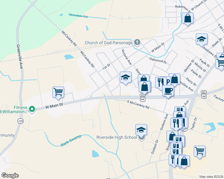 map of restaurants, bars, coffee shops, grocery stores, and more near 100-198 South McCaskey Road in Williamston
