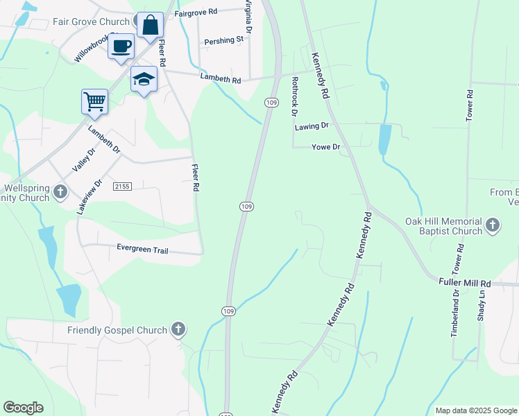 map of restaurants, bars, coffee shops, grocery stores, and more near North Carolina 109 in Thomasville