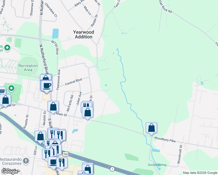 map of restaurants, bars, coffee shops, grocery stores, and more near 110 Brink Bend Court in Murfreesboro